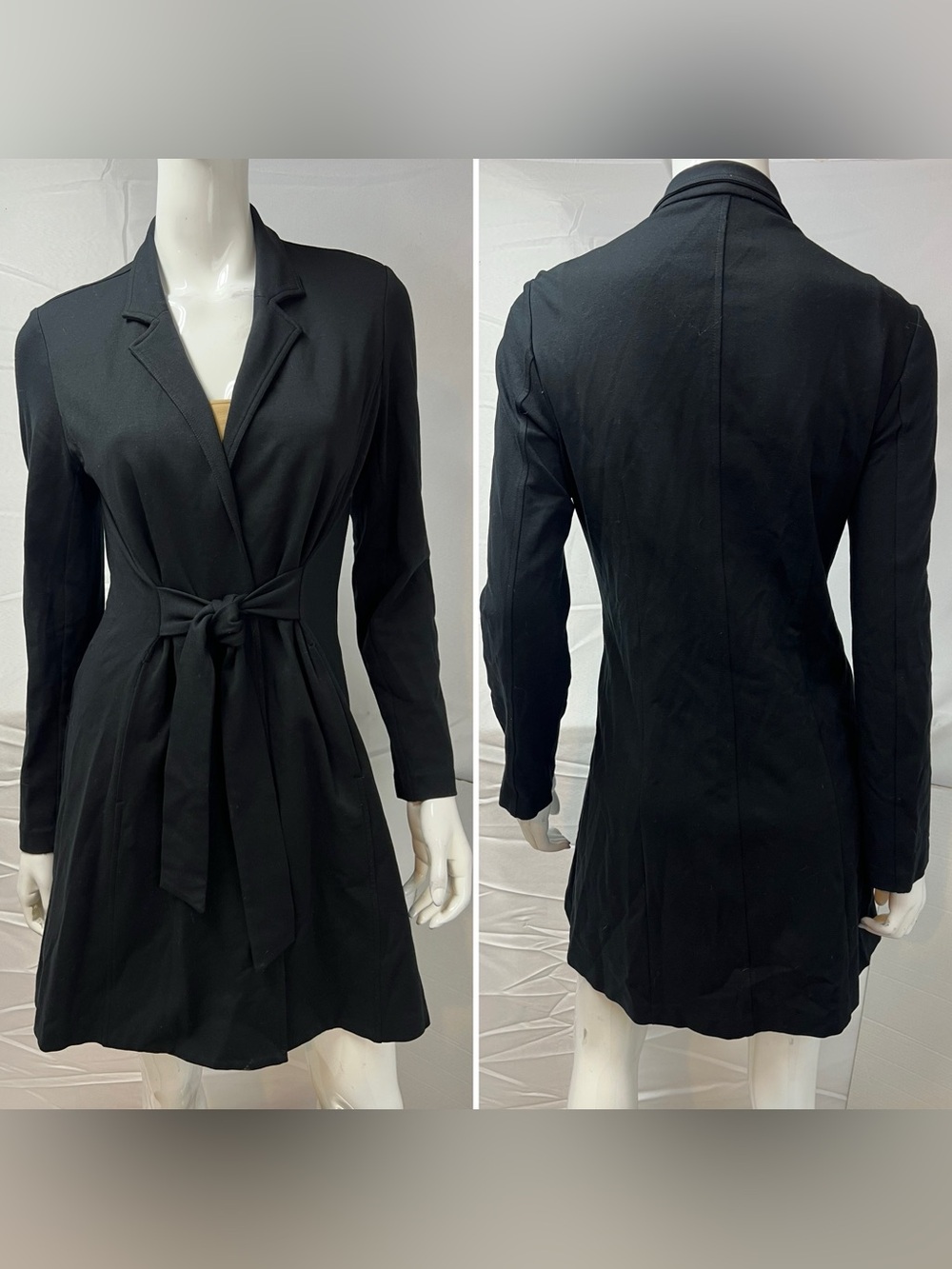 Eileen Fisher Women’s XS Black Tie Waist Open Front Long Trench Coat Cardigan